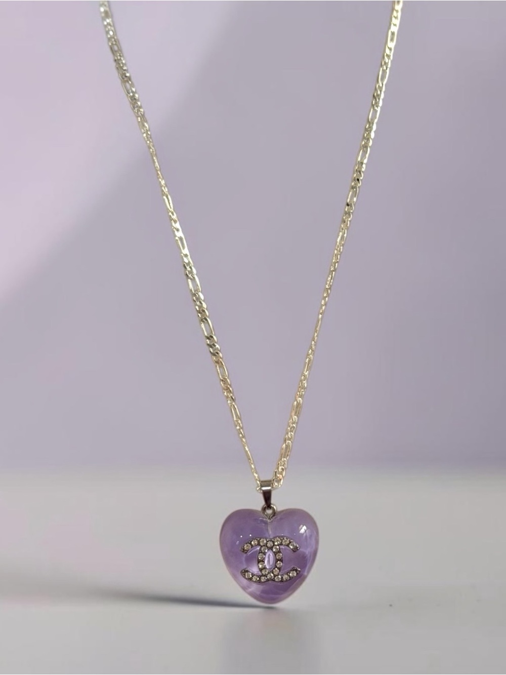 Silver Toned 20 inch elongated Figaro-link Chain + Purple Banger Heart Pendant